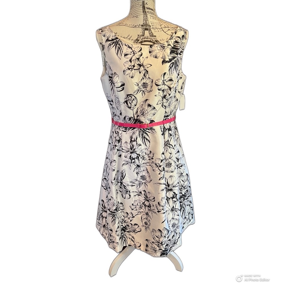 Floral Black and White Dress with Pink Accent
